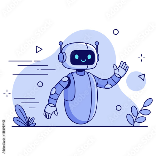 Cheerful robot waving - cute futuristic illustration in blue tones