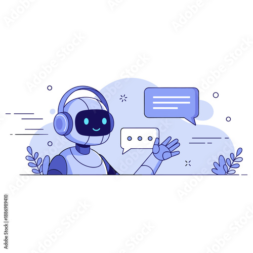 Friendly chatbot engaging in conversation with speech bubbles