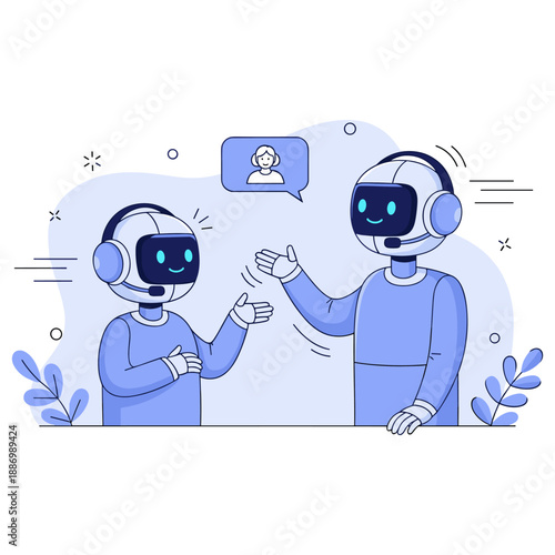 Two friendly robots communicating with chat interface in futuristic setting