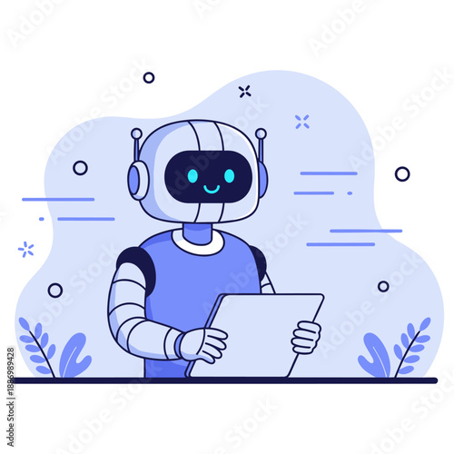 Cheerful cartoon robot with tablet amidst minimalist nature elements