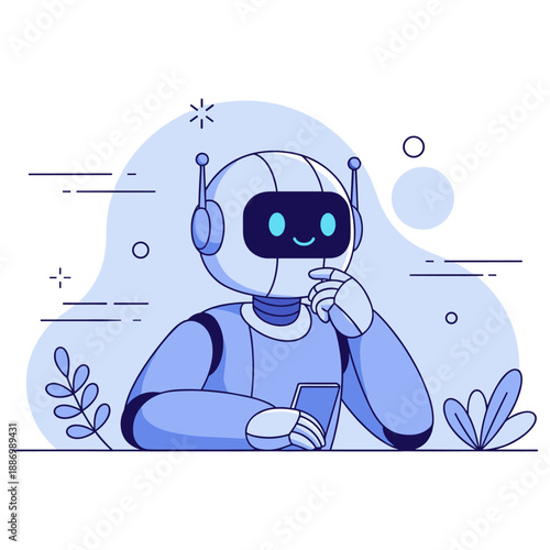 Friendly robot holding smartphone in a futuristic cartoon landscape