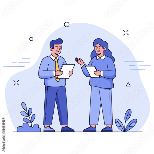 Young caucasian male and female colleagues discuss work plans indoors