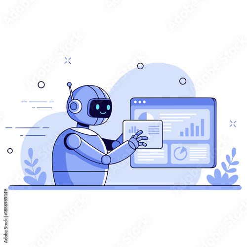 Cute robot analyzing data on a computer screen in a futuristic setting