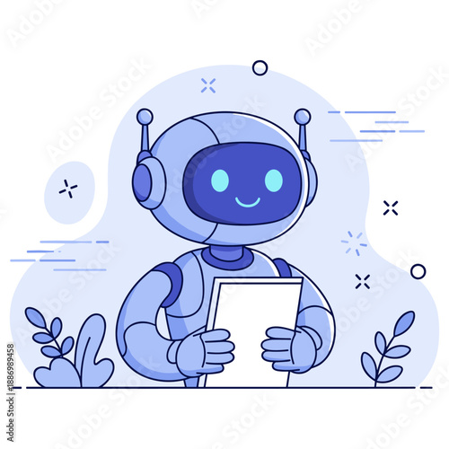 Smiling blue robot holding paper among plants and abstract elements