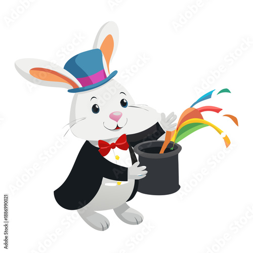A white cartoon rabbit wearing a black tuxedo and a tall top hat, pulling a colorful silk ribbon out of its empty palm