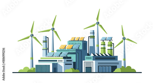 An industrial factory with wind turbines and solar panels on the roof, showcasing eco-friendly technology and sustainable energy solutions in a modern industrial setting.