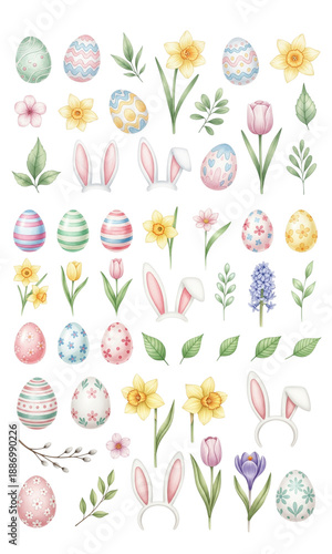 Easter eggs and elements, simple easter eggs, Easter ears isolated
