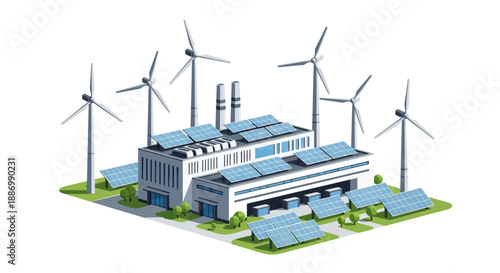Isometric illustration of a modern factory with solar panels and wind turbines on a green landscape with a blue and white color scheme conveying a clean energy concept.