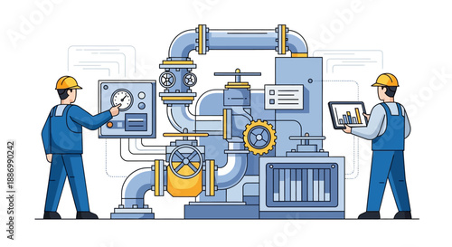 Two industrial workers in blue uniforms and yellow hard hats interact with machinery and technology in a factory setting with a focus on construction and teamwork.