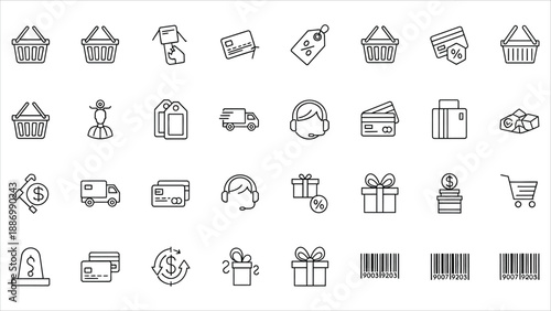 Shopping icon set with shop, store, cart, market, buyer, purchase, goods, and more. Editable stroke vector illustration..eps