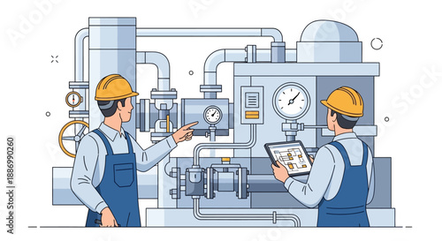 Two industrial workers in hard hats and overalls collaborating over a machine with a tablet in a factory setting with a focus on technology and industry.