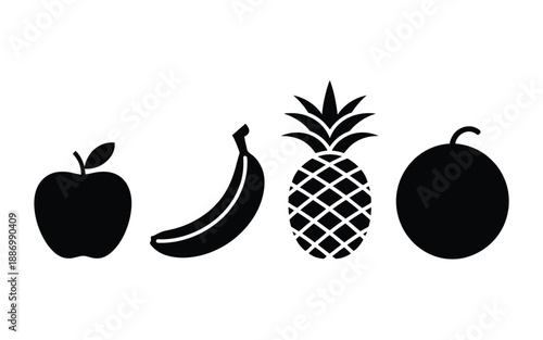 Fruit silhouette illustration collection, minimalist vector set of diverse fruits for healthy eating designs, organic food concepts, nutrition branding, menus, and natural lifestyle graphics