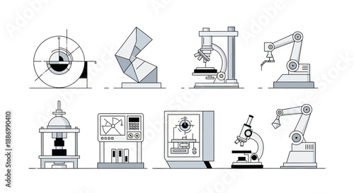 A collection of industrial and technological illustrations including machines and equipment for construction, manufacturing, and scientific research in a technical drawing style on a white