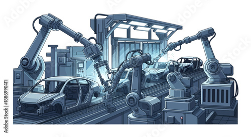 An industrial scene with robotic arms working on a car in a factory setting with a blue-toned color scheme and a focus on technology and manufacturing.