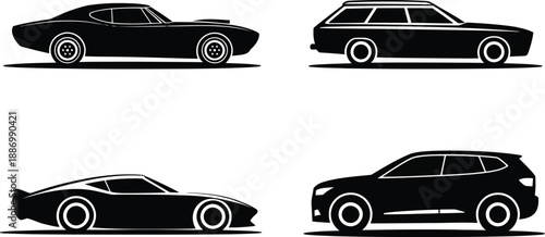 Car silhouette illustration set, distinct vector designs featuring classic muscle car, station wagon, sports car, and modern utility vehicle for automotive graphics, transportation themes, and vehicle