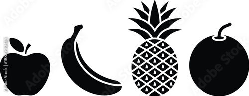 Fruit silhouette illustration set, vector collection of four assorted fruits including apple, banana, pineapple, and orange in clean black silhouette style for food design, nutrition graphics, menus, 