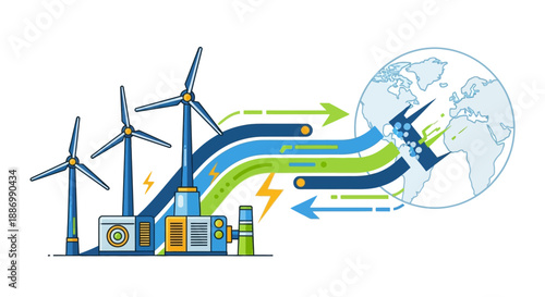 Illustration of a factory with wind turbines generating electricity and transmitting it globally through a network of power lines and technology infrastructure.