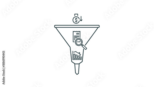 Sales funnel diagram showing the process of filtering data, documents, and charts to achieve specific business results and cost reduction.