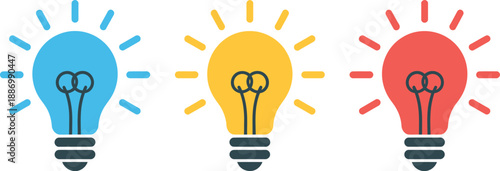 Light bulb idea illustration set, vibrant colorful bulbs symbolizing innovation, inspiration, creativity, problem-solving, and intellectual breakthrough for business concepts and modern design project