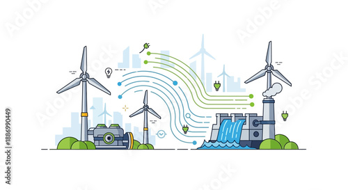 Illustration of a factory construction site with wind turbines and industrial machinery, showcasing international teamwork and technology integration in a modern industrial setting.