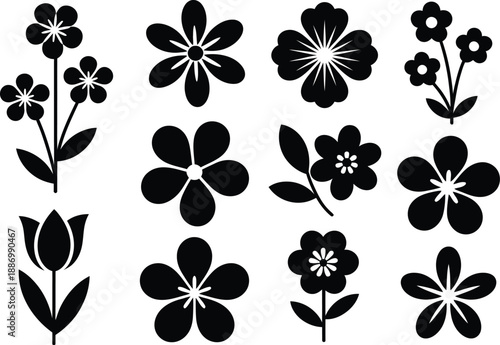 Floral silhouette illustration collection, elegant vector set of flowers, leaves, and botanical shapes for decorative design, invitations, wall art, patterns, crafts, and nature-inspired creative proj