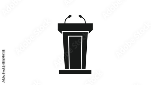 Black lectern or podium with two microphones standing ready for a public speech, presentation, or formal press announcement.