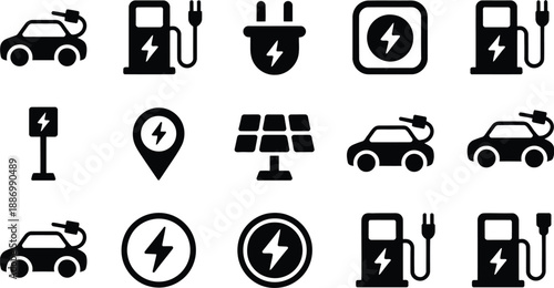 Electric vehicle charging illustration set, essential vector icons and concepts featuring electric cars, charging stations, batteries, and renewable energy symbols for sustainable mobility, clean tran