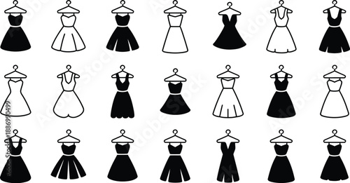 Dress fashion icon set, stylized vector illustrations of elegant dresses for clothing e-commerce, fashion design, boutique branding, style guides, and modern apparel graphics