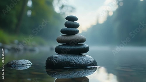 Stacked stones in calm water with misty forest background, symbolizing balance and peace