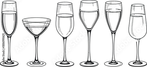 Champagne glass illustration set, elegant hand-drawn sparkling wine glasses in various styles for celebrations, toasts, weddings, parties, luxury events, and festive branding design