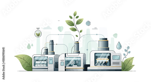 An illustration depicting a futuristic factory with industrial machines and a growing plant, symbolizing sustainable technology and innovation in a modern industrial setting with a blend of