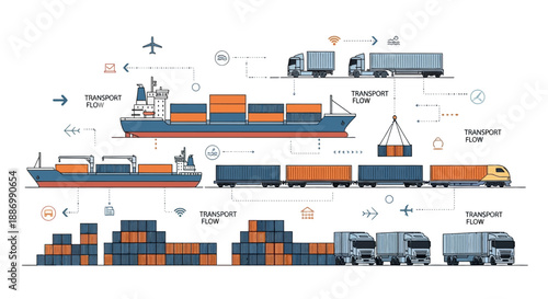 An infographic illustrating the global logistics and transportation network, showcasing a container being transported by ship, airplane, and truck, with various symbols and arrows depicting