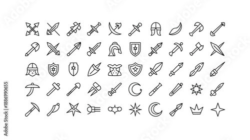 Comprehensive set of fantasy role-playing game themed line icons featuring weapons, armor, tools, and magic elements for digital design