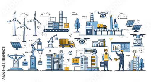 Illustration of a factory construction site with industrial technology and renewable energy elements, featuring a team of people working together, surrounded by machines, buildings, and