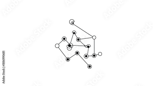 Complex network of connected dots and circles symbolizing intricate relationships, data points, or a chaotic communication system.