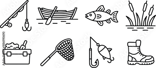 Fishing Gear Outline Icon Set Rod with Lure, Rowboat, Freshwater Fish, and Pond Reeds