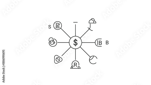 Central dollar sign icon with various branching symbols representing diverse financial sources, investments, and economic sectors.