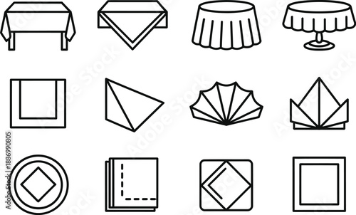 Line art icons of elegant tablecloth drapes and creative napkin folds for sophisticated dining presentations