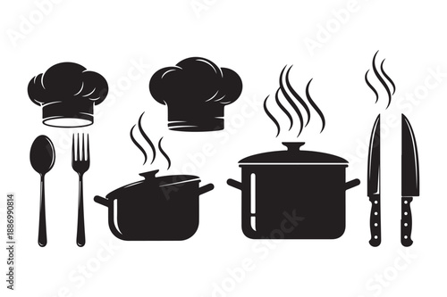 Chef hats, pots, spoon, fork, and knives for cooking