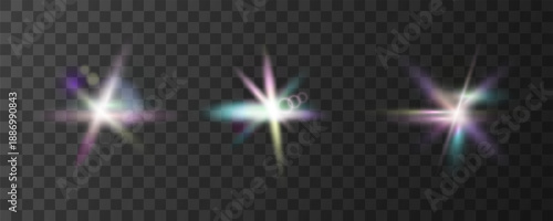 A set of three glowing effects with glare and shimmer on a transparent background. Illustration for creating special effects using the overlay method.