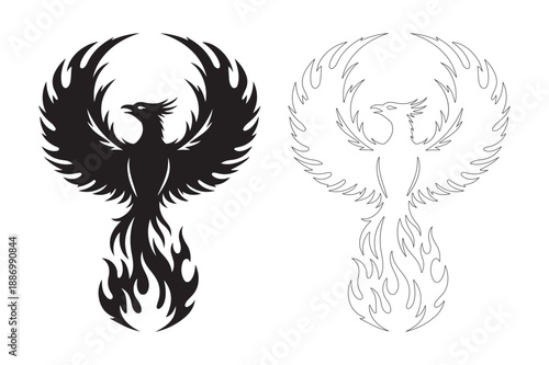 Phoenix bird silhouette and outline with flames