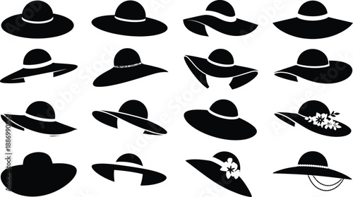 elegant women's wide-brimmed hat silhouettes, showcasing diverse fashion styles and headwear accessories