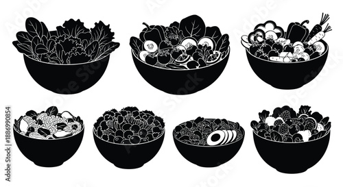 Six black and white illustrations of bowls filled with various salad ingredients