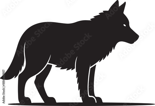 A black silhouette of a wolf standing on a white background