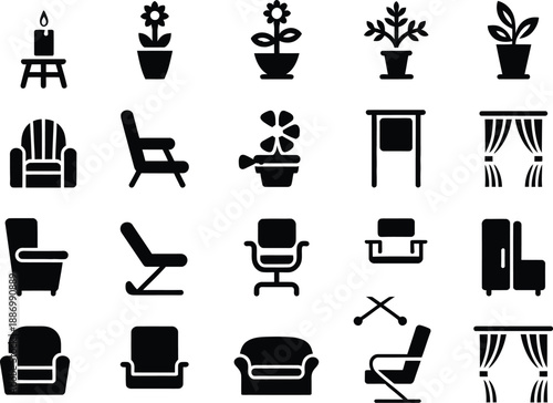 Comprehensive Set of Silhouette Icons for Furniture, Home Interiors, and Domestic Comfort