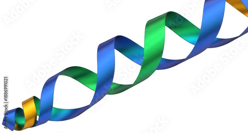Double helix spiral ribbon in blue and green gradients with metallic reflection on transparent background PNG