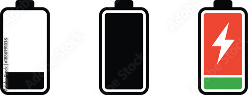 Visual representation of battery status indicators, including low power, empty, and active charging states for modern devices