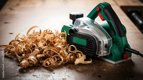 Electric planer with wood shavings on a workbench tool power