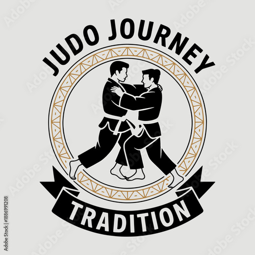 Judo Journey Tradition circular crest with two judoka grappling, respectful martial arts badge vector for clubs, shiai events, gis and instructional materials