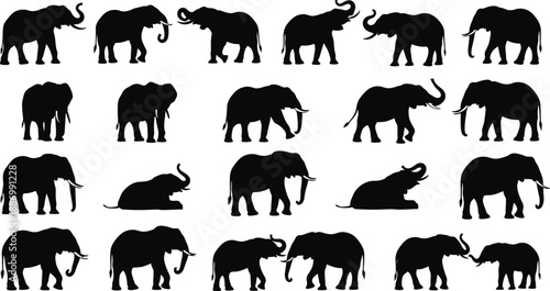 Black Elephant Silhouettes Collection Featuring African and Indian Elephants with Tusks and Trunks in Various Poses like Walking Standing and Sitting Isolated on White Background Vector